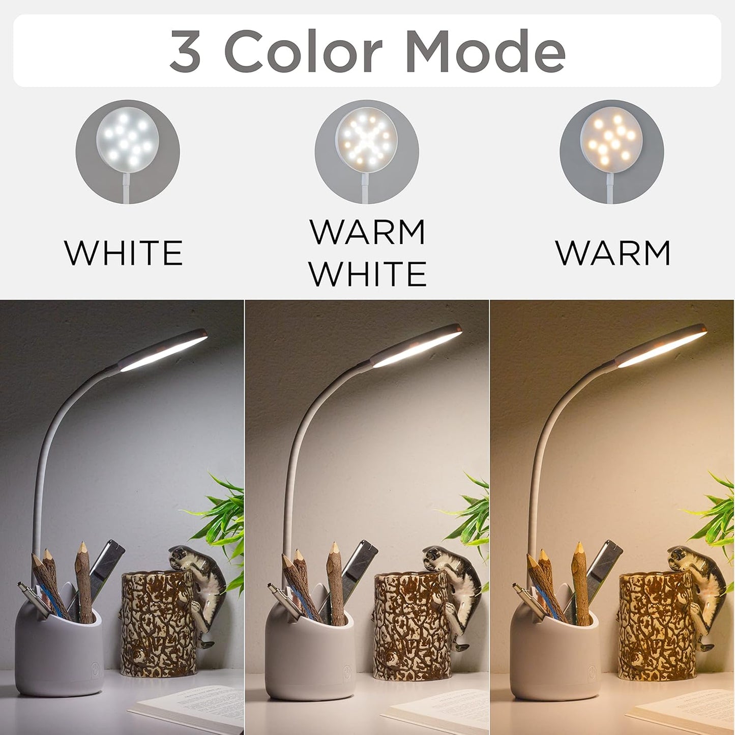 3 Colour Mode LED Study/Table/Desk Lamp with Pen Holder